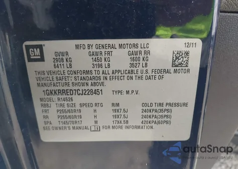2012 GMC Acadia Slt-1 z USA, uszkodzony, nr VIN 1GKKRRED7CJ228451